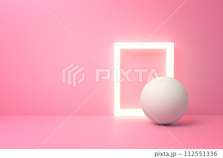 3D rendering of glowing square and sphere on pink 112551336