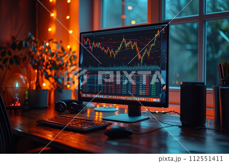 AI-generated content. Cozy evening trading session with festive lights 112551411