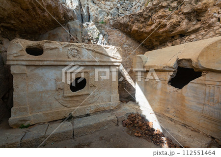 Antique stone sarcophagus in tomb in ancient Lycian city of Olympus, Turkey Antique stone sarcophagus in tomb in ancient Lycian city of Olympus, Turkey 112551464