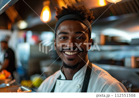 AI-generated content. Happy chef with warm smile and kitchen blur 112551508