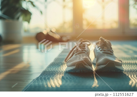 AI-generated content. Sneakers facing sunset in peaceful setting 112551627