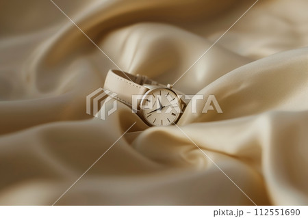 AI-generated content. Beige watch reclines on silky cloth 112551690