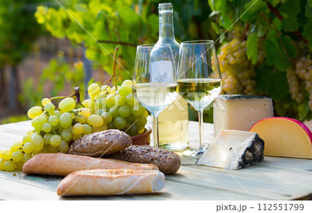 Wine, cheese, grape on vineyard background 112551799