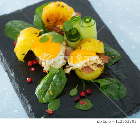 Potato burgers with quail egg Potato burgers with quail egg 112552203
