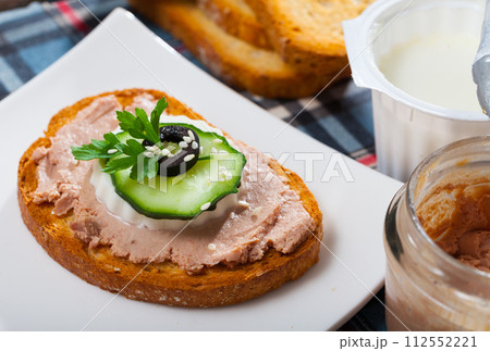 Toast with pate, cheese, cucumber 112552221