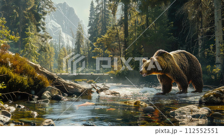 Wild brown bear hunting for salmon in mountain river in summer, grizzly animal in water on green trees background. Concept of wildlife, fish, food, nature, park 112552551