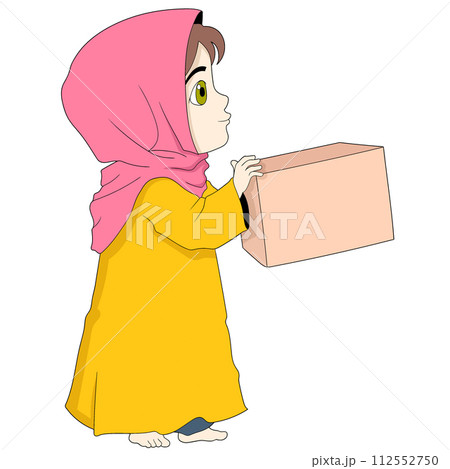 cartoon doodle illustration of daily activities, a Muslim girl wearing a hijab is carrying a cardboard box containing items to donate 112552750
