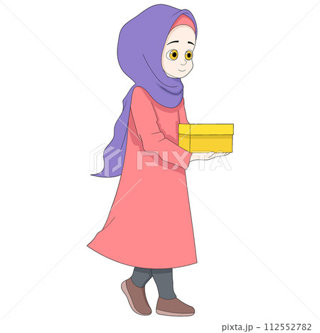 Ramadan cartoon doodle illustration of charity, a Muslim girl wearing a hijab brings gifts to the poor 112552782