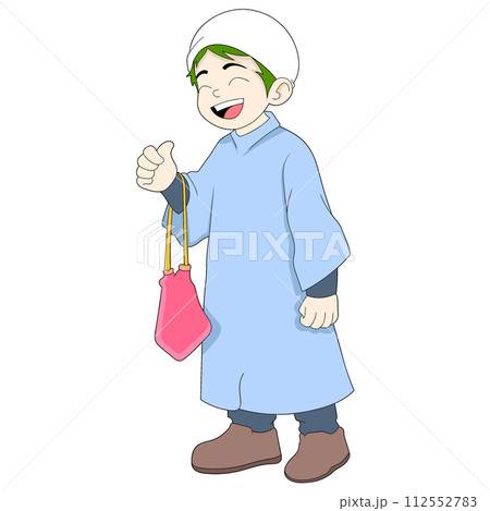 Ramadan cartoon doodle illustration of charity, a Muslim man is carrying a bag filled with money to donate to the poor Ramadan cartoon doodle illustration of charity, a Muslim man is carrying a bag filled with money to donate to the poor 112552783