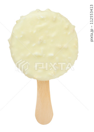 coconut Ice cream bar with white chocolate coating isolated on white background. coconut Ice cream bar with white chocolate coating isolated on white background. 112553413