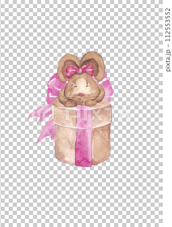 Cartoon rabbit. A cute bunny sits on the lid of a holiday box. Watercolor illustration for your design. Easter decor 112553552