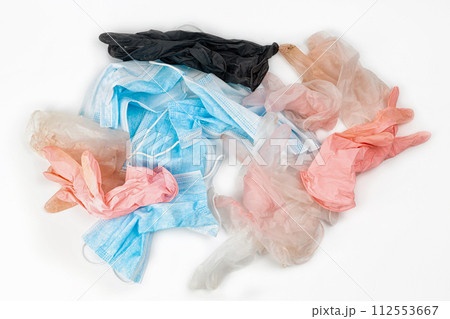 used latex gloves, medical protective masks and shoe covers. The problem of ecology used latex gloves, medical protective masks and shoe covers. The problem of ecology 112553667