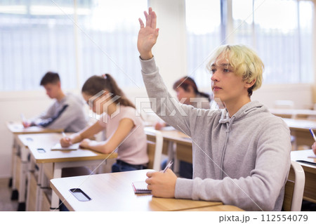 Teen boy sitting at desk in classroom 112554079