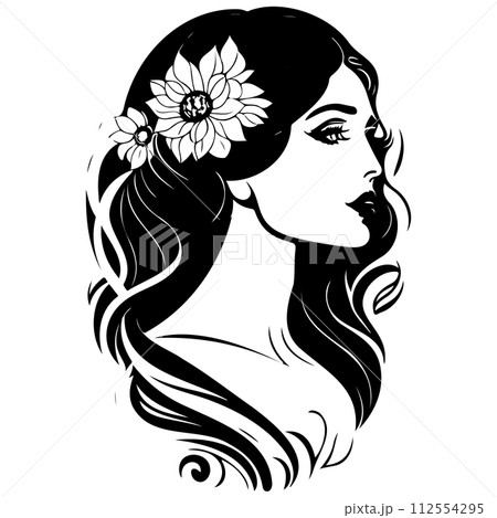 beautiful woman Art Nouveau black illustration sketch  112554295