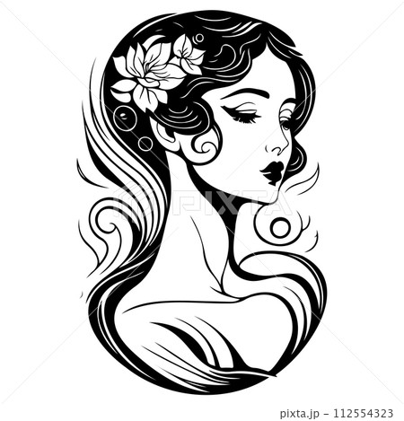 beautiful woman Art Nouveau black illustration sketch  112554323