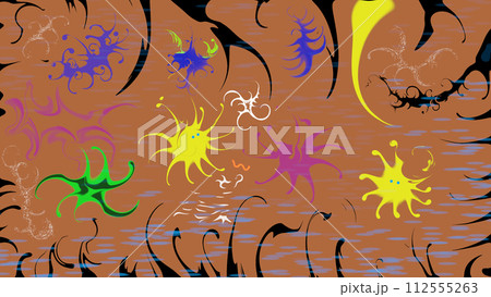 Abstract drawing of the underwater world.Octopuses, fish, algae, ciliates are depicted. Abstract drawing of the underwater world.Octopuses, fish, algae, ciliates are depicted. 112555263