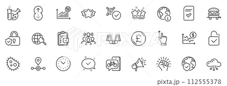 Icons pack as Chemistry lab, Cloud computing and Empower line icons for app include Sconce light, Megaphone, Pound money outline thin icon web set. Swipe up, Approved, 5g statistics pictogram. Vector 112555378