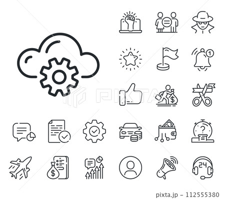 Internet data storage sign. Salaryman, gender equality and alert bell outline icons. Cloud computing process line icon. File hosting technology symbol. Cloud computing line sign. Vector 112555380