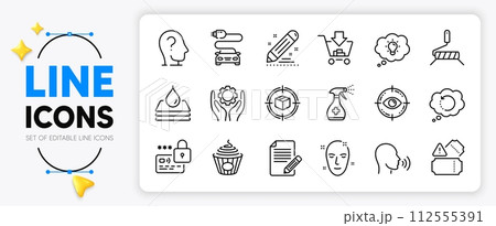 Paint roller, Waterproof and Brand contract line icons set for app include Recovery data, Health skin, Human sing outline thin icon. Eye target, Medical cleaning, Car charge pictogram icon. Vector 112555391