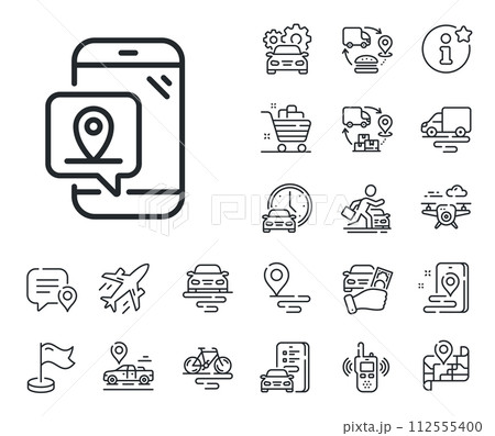 Place position sign. Plane, supply chain and place location outline icons. Pin marker line icon. Mobile phone Gps app symbol. Pin marker line sign. Taxi transport, rent a bike icon. Travel map. Vector 112555400