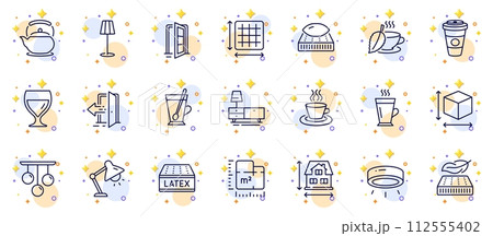 Outline set of Mint tea, Lightweight mattress and Entrance line icons for web app. Include Latex mattress, Floor plan, Takeaway coffee pictogram icons. House dimension, Latte. Vector 112555402