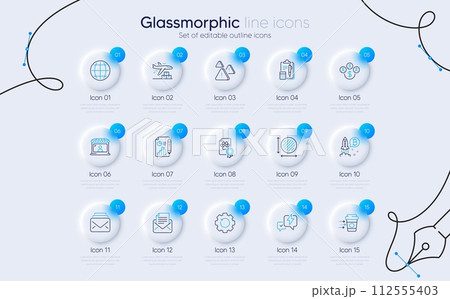 Set of Bitcoin project, Circle area and Coffee delivery line icons for web app. Lightning bolt, Report document, Dog certificate icons. Mail, Globe, Delivery plane signs. Attention. Vector 112555403