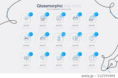 Set of Insomnia, Sms and Dishes line icons for web app. Delivery warning, Bicycle prohibited, Clock icons. Fishing, Rfp, Vote box signs. Information bell, Coffee, Outsource work. Vector 112555404