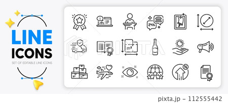 Megaphone, Rating stars and Diploma line icons set for app include Ranking star, Circle area, Honeymoon travel outline thin icon. Sun protection, Online documentation. Vector 112555442