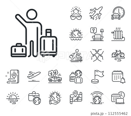 Airport transfer sign. Plane jet, travel map and baggage claim outline icons. Baggage reclaim line icon. Flight bags symbol. Airport transfer line sign. Car rental, taxi transport icon. Vector 112555462