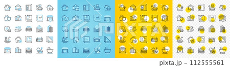 Vector icons set of Lounge place, Mortgage and Market seller line icons pack for web with Open door, Building energy, Triangle area outline icon. Furniture, Arena stadium, Lighthouse pictogram. Vector 112555561