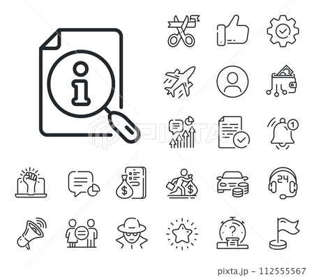 User manual sign. Salaryman, gender equality and alert bell outline icons. Search info line icon. Information document symbol. Search line sign. Spy or profile placeholder icon. Vector 112555567