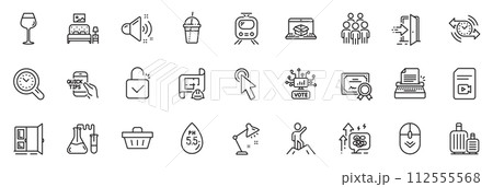 Icons pack as Education, Bordeaux glass and Loud sound line icons for app include Table lamp, Shopping basket, Lock outline thin icon web set. Train, Cursor, Time management pictogram. Vector 112555568