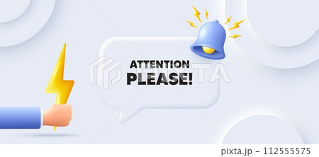 Attention please tag. Neumorphic background with chat speech bubble. Special offer sign. Important information symbol. Attention please speech message. Banner with energy. Vector 112555575