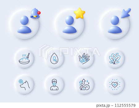 Porridge, Veins and Veterinary clinic line icons. Placeholder with 3d cursor, bell, star. Pack of No alcohol, Heartbeat, Medical mask icon. Difficult stress, Spinach pictogram. Vector 112555579