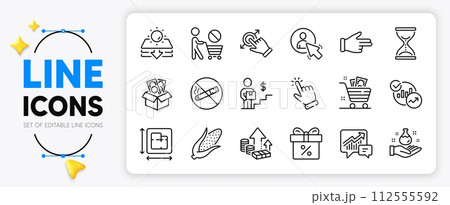 Time hourglass, Corn and Accounting line icons set for app include Inflation, Discount offer, Click hand outline thin icon. Stop shopping, Bribe, Touchscreen gesture pictogram icon. User. Vector Time hourglass, Corn and Accounting line icons set for app include Inflation, Discount offer, Click hand outline thin icon. Stop shopping, Bribe, Touchscreen gesture pictogram icon. User. Vector 112555592