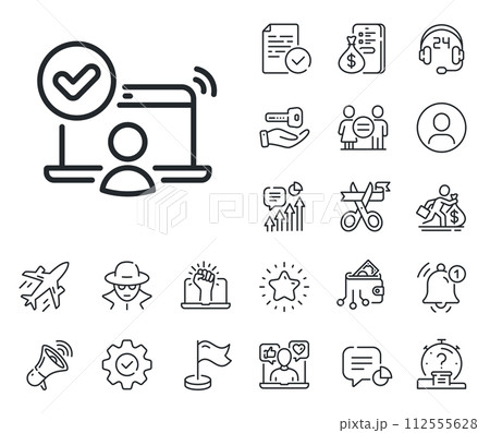 Approved notebook sign. Salaryman, gender equality and alert bell outline icons. Confirmed online access line icon. Verified user symbol. Online access line sign. Vector 112555628