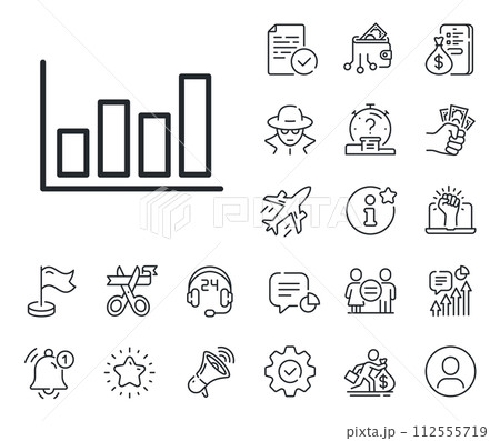 Financial graph sign. Salaryman, gender equality and alert bell outline icons. Histogram Column chart line icon. Stock exchange symbol. Business investment. Report diagram line sign. Vector Financial graph sign. Salaryman, gender equality and alert bell outline icons. Histogram Column chart line icon. Stock exchange symbol. Business investment. Report diagram line sign. Vector 112555719