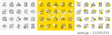 Outline Brush, Get box and Lighthouse line icons pack for web with Petrol station, Packing boxes, Open door line icon. Certificate, Door, Engineer pictogram icon. Property agency. Vector Outline Brush, Get box and Lighthouse line icons pack for web with Petrol station, Packing boxes, Open door line icon. Certificate, Door, Engineer pictogram icon. Property agency. Vector 112555725