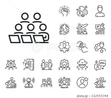 Remote office sign. Specialist, doctor and job competition outline icons. Teamwork line icon. Team employees symbol. Teamwork line sign. Avatar placeholder, spy headshot icon. Strike leader. Vector 112555744