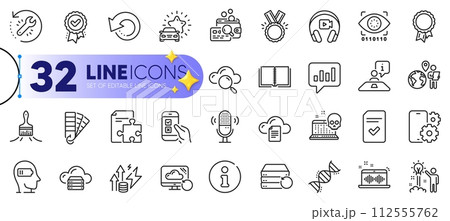 Outline set of Brush, Headphones and Cyber attack line icons for web with File storage, Inspect, Interview thin icon. Mobile survey, Creative idea, Book pictogram icon. Cloud server. Vector 112555762