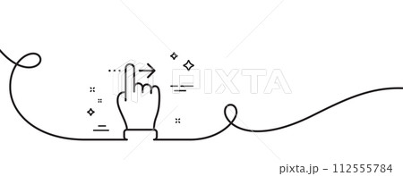 Touchscreen gesture line icon. Continuous one line with curl. Slide right arrow sign. Swipe action symbol. Touchscreen gesture single outline ribbon. Loop curve pattern. Vector 112555784