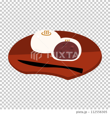 お皿にのった白い温泉まんじゅう(つぶあん)の手描きカラーイラスト お皿にのった白い温泉まんじゅう(つぶあん)の手描きカラーイラスト 112556305