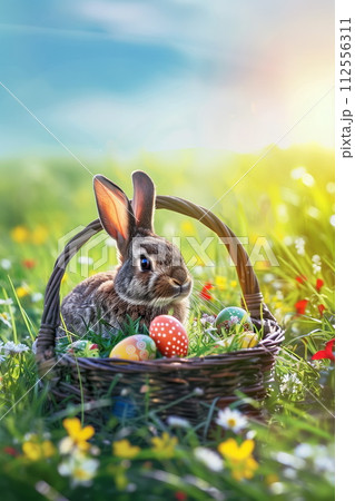 Gray easter bunny sitting near basket of colored eggs on spring field, Generative AI 112556311