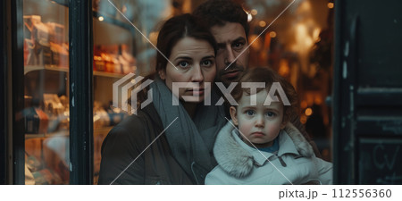 family with no money saving standing in front of a closed storefront 112556360