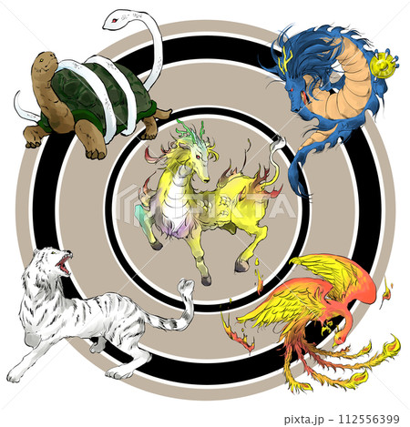 麒麟と四神の手描きのイラスト 112556399