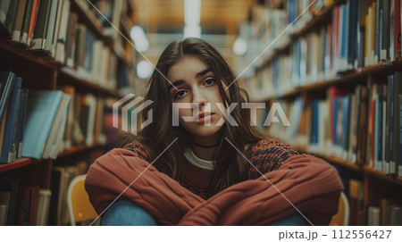 bullying in school teenager girl sitting alone in library with book 112556427