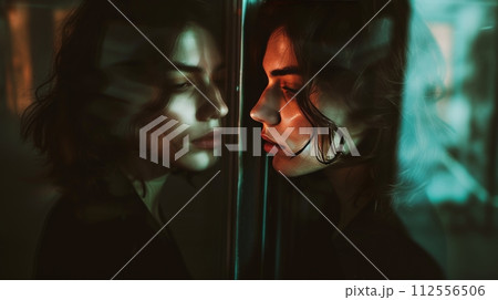 mental illness woman standing in front of a mirror with reflection identity crisis 112556506