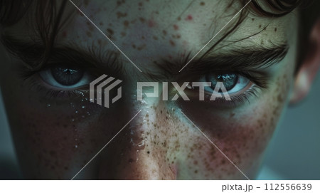 close up of a teenage europe man Freckled face blue eye stare at camera dark tone close up of a teenage europe man Freckled face blue eye stare at camera dark tone 112556639