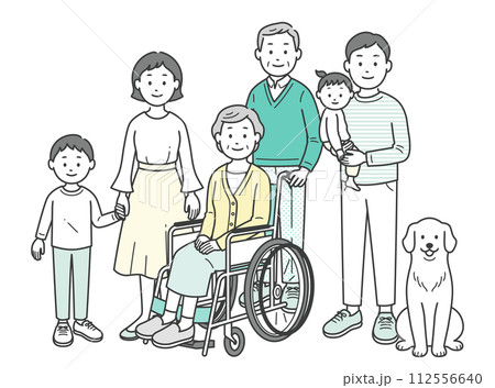 三世代の家族とペットが集合した全身イラスト 112556640