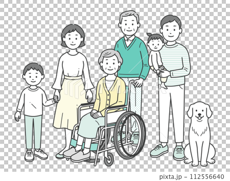 三世代の家族とペットが集合した全身イラスト 112556640